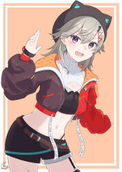 1girl animal_hat belt black_hat black_shorts blonde_hair blush border brown_belt cat_hat cropped_jacket earrings facial_mark fangs hair_ornament hairclip hat highres inumugi jewelry komori_met komori_met_(5th_costume) looking_at_viewer navel open_mouth outside_border purple_eyes shorts signature solo virtual_youtuber vspo! white_border