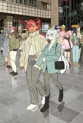 4boys 6+girls afro_puffs ahoge bag black_footwear black_hairband blonde_hair blue_eyes blue_hair blue_pants blue_scarf boots bowl_cut brown_hair brown_jacket chuatury_panlunch felsi_rollo green_jacket grey_eyes grey_hair grey_jacket grey_pants guel_jeturk gundam gundam_suisei_no_majo hair_between_eyes hairband hand_in_pocket helmet highres indoors jacket lauda_neill long_hair long_sleeves looking_at_another low_ponytail martin_upmont miorine_rembran mullet multicolored_hair multiple_boys multiple_girls nika_nanaura pale_skin pants pantyhose petra_itta pink_hair pink_jacket plaid_clothes plaid_scarf ponytail prospera_mercury red_hair scarf shaddiq_zenelli shopping short_hair short_hair_with_long_locks shoulder_bag suletta_mercury takeuchi_ryousuke thick_eyebrows tile_floor tiles two-tone_hair white_footwear white_pants winter_clothes