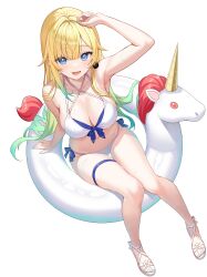 1girl absurdres aizawa_ema armpits beach bikini blonde_hair blue_eyes breasts cleavage full_body gradient_hair hand_up highres large_breasts long_hair multicolored_hair navel open_mouth sandals simple_background sitting smile solo stomach sunamama4788 swim_ring swimsuit thighs virtual_youtuber vspo! wet white_background white_bikini white_sandals