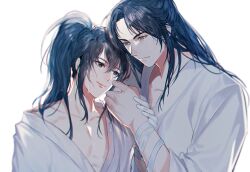 Rule 34 | 2boys, alternate costume, bathrobe, bishounen, black eyes, black hair, bound, bound wrists, closed mouth, collarbone, hair between eyes, hand on another&#039;s face, high ponytail, highres, holding another&#039;s wrist, jujeop, korean commentary, lan wangji, long hair, long sleeves, looking at another, male focus, modao zushi, multiple boys, off shoulder, open clothes, open robe, pectoral cleavage, pectorals, ponytail, ribbon, ribbon bondage, robe, sidelocks, simple background, single bare shoulder, smile, upper body, wei wuxian, wet, wet hair, white background, white ribbon, white robe, yaoi, yellow eyes