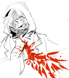 1girl bandage_over_one_eye bandaged_neck bandages blood crystal_wings dongbaek_(project_moon) drawstring hood hood_up hoodie lab_coat limbus_company open_mouth patchfire project_moon simple_background smile solo upper_body wing_collar yellow_eyes