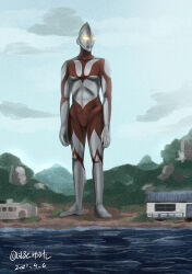 1boy alien beach blue_sky building cloud coast day forest giant glowing glowing_eyes harumakoto47 highres hill kaijin nature no_humans no_pupils overcast seijin shin_ultraman sky superhero_costume tree tsuburaya_productions ultra_series ultraman variant_set water waves yellow_eyes
