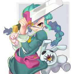 1girl absurdres annie_(skullgirls) belt_pouch braid cowboy_shot dress eyepatch green_hair grey_background hair_over_one_eye highres holding holding_sword holding_weapon juliet_sleeves long_hair long_sleeves pouch puffy_sleeves sagan_(skullgirls) short_dress skullgirls solo stuffed_animal stuffed_rabbit stuffed_toy sword twin_braids weapon