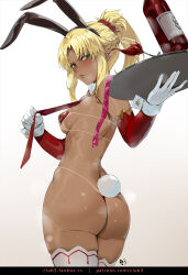 1girl animal_ears ass blonde_hair blush braid breasts club3 condom condom_packet_strip condom_wrapper cup detached_sleeves drinking_glass fanbox_username fate/grand_order fate_(series) gloves green_eyes half_up_braid highres holding holding_tray leotard looking_at_viewer mordred_(fate) necktie pasties patreon_username playboy_bunny ponytail rabbit_ears rabbit_tail sideboob sidelocks skindentation small_breasts sweat tail tan tanline tray white_gloves white_wrist_cuffs wine_glass wrist_cuffs