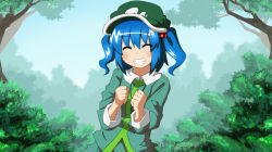 1girl anime_coloring blue_hair clenched_hands closed_eyes female_focus grin hair_bobbles hair_ornament hat kawashiro_nitori ryuu_(multitask) short_hair smile solo touhou twintails two_side_up