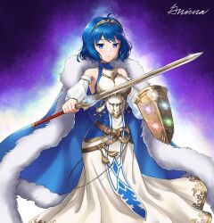 1girl alternate_costume armor armored_dress bare_shoulders belt blue_cape blue_dress blue_eyes blue_hair breastplate brown_belt cape closed_mouth cosplay detached_sleeves dress falchion_(fire_emblem) fire_emblem fire_emblem_awakening fur-trimmed_cape fur_trim grimaisbestwaifu highres holding holding_shield holding_sword holding_weapon looking_at_viewer lucina_(fire_emblem) lucina_(fire_emblem)_(cosplay) lucina_(hope-ruling_queen)_(fire_emblem) mixed-language_commentary female_morgan_(fire_emblem) multiple_belts nintendo shield short_hair signature solo sword tiara two-tone_dress weapon white_dress