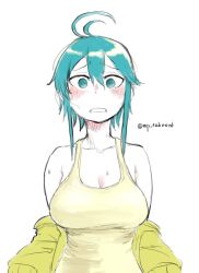 1girl antenna_hair aqua_eyes aqua_hair breasts cleavage commentary_request hashtag-only_commentary jacket large_breasts off_shoulder original short_hair_with_long_locks solo sweat takeomi_(shitamatsuge) tank_top twitter_username upper_body yellow_jacket yellow_tank_top