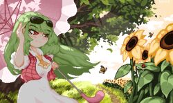 Rule 34 | 1girl, absurdres, artist name, ascot, blush, bug, butterfly, closed mouth, cloud, esculd, eyewear on head, field, flower, flower field, green hair, highres, holding, holding umbrella, insect, kazami yuuka, long hair, outdoors, parasol, pixel art, plaid clothes, plaid vest, red eyes, red vest, short sleeves, sky, solo, sunflower, sunglasses, touhou, tree, umbrella, vest, yellow ascot