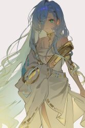 1girl 37_(reverse:1999) ancient_greek_clothes armlet baegi201 bare_shoulders blue_eyes blue_hair closed_mouth cowboy_shot eyes_visible_through_hair gold_choker greco-roman_clothes grey_background hair_over_one_eye highres jewelry long_hair looking_at_viewer reverse:1999 solo very_long_hair