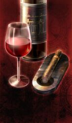 alcohol bottle chocolate_lady_no_karasawagi cigar commentary cup drink drinking_glass fate/grand_order fate_(series) food_focus lasengle no_humans official_art red_background red_theme third-party_source wine wine_bottle wine_glass