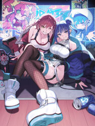 2girls absurdres ainezu bare_shoulders bent_over blue_hair blue_jacket breasts cleavage crop_top double_bun duel_monster evil_twin&#039;s_trouble_sunny evil_twin_ki-sikil evil_twin_lil-la fishnet_thighhighs fishnets green_eyes hair_bun highres jacket ki-sikil_(yu-gi-oh!) large_breasts leotard lil-la_(yu-gi-oh!) lipstick_mark lipstick_mark_on_breast live_twin_ki-sikil live_twin_lil-la long_hair luna_(dm)_(yu-gi-oh!) multiple_girls official_alternate_costume one_eye_closed red_hair red_jacket shirt sitting sunny_(yu-gi-oh!) thighhighs white_leotard white_shirt yu-gi-oh!