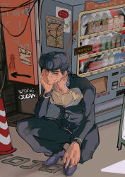 1boy absurdres adam&#039;s_apple anchor_symbol baggy_pants bandage_on_face bandage_on_nose bandages black_hair black_jacket black_pants blood blood_on_face blue_eyes character_name chinese_commentary copyright_name diamond_wa_kudakenai earrings gakuran hand_on_own_face higashikata_josuke highres injury jacket jewelry jojo_no_kimyou_na_bouken long_sleeves looking_at_viewer male_focus outdoors pants pompadour poster_(object) school_uniform shirt short_hair solo squatting traffic_cone vending_machine x_eve yellow_shirt