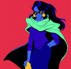 Rule 34 | 1girl, battle tendency, cape, closed mouth, commentary request, cowboy shot, earrings, flat color, green cape, hand in pocket, jewelry, jojo no kimyou na bouken, limited palette, lisa lisa, long hair, long sleeves, piercing, red background, rvsa, simple background, skirt, solo, standing, sunglasses
