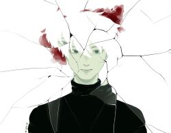 1boy bags_under_eyes black_shirt blood blood_stain broken_glass ghostblade_(to_be_hero_x) glass green_eyes hair_between_eyes highres looking_at_viewer male_focus mieriz shirt short_hair solo to_be_hero to_be_hero_x upper_body white_hair zooming_in