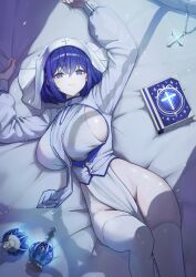1girl absurdres arms_up bed_sheet blue_eyes blue_hair book breasts closed_mouth commentary_request crop_top dress framed_breasts highres jewelry knee_up korean_commentary large_breasts long_sleeves looking_at_viewer lying mole mole_on_thigh necklace no_panties novelpia on_back original pelvic_curtain shirt short_hair sideboob smile solo thighhighs thighs veil white_dress white_shirt white_thighhighs white_veil window_shadow woottak09