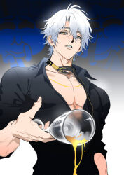 Rule 34 | 1boy, abs, antenna hair, black choker, black shirt, choker, collared shirt, commentary, cup, darwin watterson, english commentary, gumball watterson, holding, holding cup, honkai: star rail, honkai (series), looking at viewer, male focus, onegingek, parted bangs, parted lips, partially unbuttoned, pectoral cleavage, pectorals, phainon (honkai: star rail), pouring, shirt, short hair, sleeves rolled up, solo focus, the amazing world of gumball, toned, toned male, upper body, watermark, white hair, yellow eyes