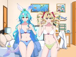 Rule 34 | 2girls, azuri delfi, bed, bed sheet, belly, blonde hair, blue bra, blue hair, blue panties, bow, bra, breasts, closed mouth, clover, clover hair ornament, commission, cup, door, drill hair, frog, frog hair ornament, glasses, glasses on head, hair bow, hair ornament, hair ribbon, highres, indoors, knee up, knees up, lamp, long hair, looking at viewer, mug, multiple girls, navel, nophilia, panties, pillow, ribbon, room, short hair, small breasts, smile, standing, striped clothes, striped panties, table, thighs, underwear, underwear only, virtual youtuber, white bra