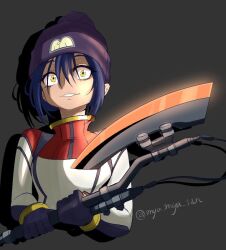 axe black_hair bodysuit gundam gundam_gquuuuuux hat heat_hawk holding holding_axe long_hair looking_at_viewer mecha_pilot_suit multicolored_bodysuit myu_myu_sun normal_suit_(gundam) nyaan_(gundam_gquuuuuux) open_mouth simple_background smile upper_body yellow_eyes