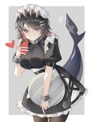 1girl absurdres apron black_hair blush breasts cellphone closed_mouth dress ellen_joe fins fish_tail frilled_dress frilled_hairband frilled_wrist_cuffs frills grey_background hair_ornament hairband highres holding holding_phone holding_tray looking_at_viewer maid maid_apron maid_headdress medium_breasts min_2929 phone puffy_short_sleeves puffy_sleeves red_eyes red_hair shark_girl shark_tail short_hair short_sleeves simple_background smartphone smile solo tail tray wrist_cuffs x_hair_ornament zenless_zone_zero