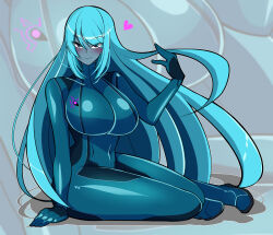 blue_eyes blue_hair blue_skin blush bodysuit breasts cleavage colored_skin dark_samus hand_in_own_hair heart iriomote_umineko large_breasts long_hair metroid nintendo sidelocks sitting skin_tight yokozuwari zero_suit