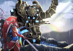 1girl blue_sash bracelet colored_skin elephant fins fish_girl from_side hair_ornament highres holding holding_polearm holding_weapon jewelry kuroitubu mipha monster_girl multicolored_skin nintendo outdoors polearm rain red_skin sash standing the_legend_of_zelda the_legend_of_zelda:_breath_of_the_wild trident vah_ruta water weapon white_skin zora
