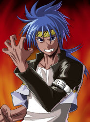 1boy animal_print bad_id bad_pixiv_id blue_hair clenched_hand cropped_jacket dark-skinned_male dark_skin fang fighting_stance gousaikoo grimace headband highres kusanagi_shizuma long_hair male_focus ponytail purple_eyes real_bout_high_school solo thick_eyebrows tiger_print