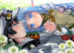 1boy 1girl absurdres black_hair blue_eyes blue_hair commentary commission couple dress el_mofus el_mofus_(black_hair_male) field flat_chest flower flower_field forehead_jewel goggles goggles_on_headwear green_eyes hat hetero highres holding_hands interlocked_fingers kalar_(race) long_hair looking_at_another lying nature outdoors pointy_ears rance_(series) rance_x reset_kalar shirane_taito skeb_commission upper_body