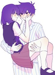 1boy 1girl antenna_hair blue_pants blue_shirt blush bright_pupils brown_skirt carrying closed_mouth collared_shirt commentary cowboy_shot eye_contact face-to-face fingernails foot_out_of_frame from_behind hair_between_eyes hair_over_shoulder hero_(headspace)_(omori) hero_(omori) hetero highres iomor_snuuy kneehighs long_hair long_sleeves looking_at_another mari_(headspace)_(omori) mari_(omori) mary_janes miniskirt omori pajamas pale_skin pants pleated_skirt princess_carry profile purple_eyes purple_hair purple_shoes purple_sweater_vest shirt shoes short_hair short_sleeves simple_background skirt smile socks standing striped_clothes striped_pajamas striped_pants striped_shirt sweater_vest swept_bangs symbol-only_commentary two-tone_pants two-tone_shirt vertical-striped_clothes vertical-striped_pajamas vertical-striped_pants vertical-striped_shirt very_long_hair very_short_hair white_background white_pants white_pupils white_shirt white_socks