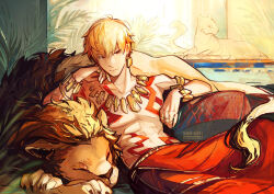Rule 34 | 1boy, 2025, abs, animal, animal ears, animal nose, artist name, blonde hair, body markings, bracelet, claws, closed eyes, closed mouth, collarbone, couch, earrings, fate/zero, fate (series), feet out of frame, gilgamesh (fate), gold bracelet, gold earrings, gold necklace, gold ring, hair between eyes, hand on own face, hand up, highres, indoors, jewelry, lion, lion ears, lion tail, looking afar, male focus, multiple rings, muscular, muscular male, necklace, on couch, pants, pectorals, plant, red eyes, red pants, ring, short hair, sitting, tail, topless male, v-shaped eyebrows, yellow fur
