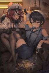 2girls animal_ears ascot bilingual_commentary black_bow black_bowtie black_gloves black_hair black_necktie black_shorts black_skirt black_thighhighs blue_eyes blue_shirt bow bowtie breasts chest_harness clothing_cutout collared_shirt colored_tips commentary couch dropped_food english_commentary facial_mark feet food frilled_shirt frills gloves grey_ascot hair_between_eyes hakos_baelz hakos_baelz_(steel_rose) half_gloves harness hat heart heart_facial_mark high-waist_skirt highres hololive hololive_english indoors katsudon_(food) long_sleeves looking_at_viewer mark_under_both_eyes medium_breasts mixed-language_commentary mouse_ears mouse_girl mouse_tail multicolored_hair multiple_girls necktie no_shoes official_alternate_costume on_couch oozora_subaru oozora_subaru_(police) peaked_cap pencil_skirt police police_hat police_uniform policewoman red_hair shirt shirt_tucked_in short_sleeves shorts shoulder_cutout skirt streaked_hair sunset suspenders swept_bangs tail tail_bow tail_ornament thighhighs virtual_youtuber white_gloves white_hair white_hat white_shirt x x_facial_mark zote_illust