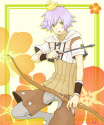 1boy animal animal_on_head arrow_(projectile) baby_animal bird bird_on_head bow_(weapon) brown_shirt brown_shorts chick commentary_request cropped_jacket feet_out_of_frame flower green_background green_eyes grey_pants holding holding_arrow holding_bow_(weapon) holding_weapon hunter_(ragnarok_online) jacket looking_at_viewer male_focus on_head open_mouth orange_flower pants pants_under_shorts purple_hair ragnarok_online satoimo_2009 shirt short_hair short_sleeves shorts solo weapon white_jacket