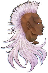 1boy bald brown_eyes chrysaor_krishna dark_skin dark-skinned_male long_hair male_focus mohawk mullet noe_(bkmnoo) portrait saint_seiya simple_background solo white_background white_hair