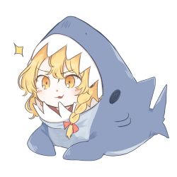 Rule 34 | &gt;:3, 1girl, :3, :d, abukawa honpo, alternate costume, animal costume, blonde hair, blush, braid, female focus, kirisame marisa, looking at viewer, name connection, open mouth, shark costume, side braid, single braid, smile, solo, sparkle, touhou, v-shaped eyebrows, wavy hair, yellow eyes