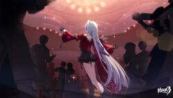 Rule 34 | 1girl, ballroom, black gloves, black thighhighs, dancing, dress, gloves, grey hair, highres, honkai (series), honkai impact 3rd, indoors, kneepits, long hair, long sleeves, official art, red dress, single thighhigh, solo, thelema nutriscu, thelema nutriscu (mad pleasure: shadowbringer), thighhighs, very long hair