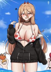 1boy 2girls absurdres adidas armpit_crease arms_up bare_shoulders bikini black_choker black_jacket blonde_hair blue_sky blush breasts chainsaw_man choker cleavage clothes_down cloud collarbone commentary cowboy_shot cross-shaped_pupils day demon_girl demon_horns denji_(chainsaw_man) double-parted_bangs english_commentary gluteal_fold hair_between_eyes halterneck highres horns jacket large_breasts long_hair long_hair_between_eyes long_sleeves looking_at_viewer makima_(chainsaw_man) mole mole_on_breast mole_on_ear multicolored_bikini multiple_girls multiple_moles open_clothes open_jacket open_mouth outdoors pochita_(chainsaw_man) power_(chainsaw_man) red_bikini red_eyes red_horns ringed_eyes sharp_teeth simple_bird sky solo_focus squiggle swimsuit symbol-shaped_pupils teeth thighs two-tone_bikini upper_teeth_only very_long_hair wading water white_bikini yukaraishin zipper zipper_pull_tab
