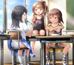 3girls ass black_hair black_panties black_shirt black_shorts blue_eyes blue_skirt blush book bowl bread brown_eyes brown_hair chair chalkboard chopsticks classroom clothes_lift clothes_writing cloud collarbone crossed_arms desk dress drink drinking_straw flat_chest floral_print food from_behind grey_socks hair_bun heart heart_print holding holding_chopsticks holding_drink holding_food holding_milk_carton lettuce light_rays loli long_hair meat milk milk_carton multiple_girls on_windowsill open_mouth original panties panty_peek pencil_case pink_eyes pink_panties pink_socks plate polka_dot polka_dot_panties ponytail print_panties print_skirt print_socks renati_(renatium) shirt shoes short_hair short_sleeves shorts side_bun side_ponytail sitting skirt skirt_lift sky smile socks spread_legs striped_clothes striped_panties striped_shirt striped_socks sunbeam sunlight tan tank_top tanline tomato tray underwear uwabaki white_panties white_shirt white_shoes white_socks window yellow_dress