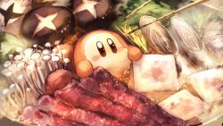 absurdres beef black_eyes blush_stickers bowl chopsticks close-up food food_focus galacta_knight highres in_food kirby_(series) looking_up mask meat mushroom nintendo no_humans no_mouth noodles ramen shiburingaru solo spring_onion steam tofu waddle_dee
