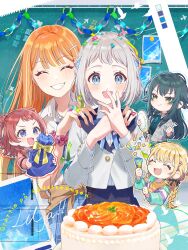 Rule 34 | 5girls, ^ ^, absurdres, bag, birthday cake, blue eyes, blue ribbon, blue skirt, blush, cake, cardigan, cardigan around waist, chalkboard, closed eyes, clothes around waist, color guide, commentary request, confetti, food, fork, fujita kotone, gakuen idolmaster, gift bag, grey hair, grin, hair ornament, hair ribbon, hairclip, hanami saki, hand to own mouth, hands on another&#039;s shoulders, happy birthday, hatsuboshi gakuen school uniform, highres, holding, holding bag, holding fork, holding plate, idolmaster, jacket, jewelry, katsuragi lilja, long hair, mole, mole under eye, multiple girls, nail polish, open mouth, orange hair, paper chain, party popper, pjkuasu, plate, pleated skirt, ribbon, ring, school uniform, shirt, shiun sumika, short hair, sidelocks, skirt, smile, streamers, swedish text, translation request, tsukimura temari, white jacket, white shirt