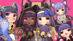 absurdres animal animal_ears animal_hands ankh bastet_lore blue_hair blue_ribbon cat cat_ears cat_girl cat_tail emil_chronicle_online gloves highres holding holding_animal holding_cat looking_at_viewer multiple_persona nun paw_gloves pink_background red_eyes ribbon tail yellow_eyes yuzujampot