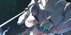 1boy bleach fighting_stance floating_clothes grey_hair haori highres holding holding_weapon ichimaru_gin japanese_clothes sash shikai short_hair smile snake sword weapon white_eyes white_hair white_haori zanpakutou zzz_zhi_he