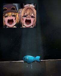 2girls blonde_hair commentary dooby_(vtuber) fan_screaming_at_madison_beer_(meme) fish goggles goggles_on_headwear green_eyes highres indie_virtual_youtuber inset meme mouse_girl multiple_girls nimi_nightmare open_mouth sameko_saba short_hair spotlight stage thick_eyebrows train_conductor upper_body v-shaped_eyebrows virtual_youtuber water wet yume_(yume_ato29)