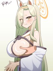 1girl absurdres artist_name blonde_hair blue_archive breasts closed_mouth dated detached_sleeves disembodied_hand eyes_visible_through_hair gradient_background green_background hair_over_one_eye halo highres japanese_clothes kaho_(blue_archive) kimono large_breasts long_hair looking_at_viewer mole mole_under_mouth ryle sideboob solo_focus white_kimono white_sleeves