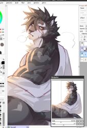 1boy animal_ears art_program_in_frame ass bara biceps black_fur black_hair commentary cross_scar daru808080 english_commentary furry furry_male looking_at_viewer looking_back male_focus muscular muscular_male painttool_sai_(medium) parted_lips pectorals puff_of_air scar scar_across_eye scar_on_face scar_on_nose sdorica tail tiger_boy tiger_ears tiger_stripes tiger_tail yao_(sdorica)