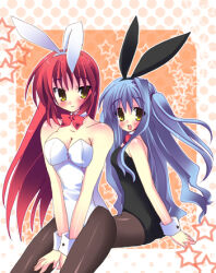 Rule 34 | 2girls, black leotard, blue hair, breasts, cleavage, leotard, mother and daughter, multiple girls, playboy bunny, red hair, white leotard