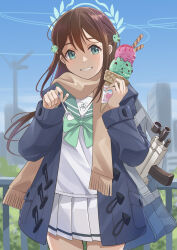 Rule 34 | 1girl, absurdres, after-school sweets club (blue archive), airi (blue archive), bag, blue archive, brown hair, coat, cowboy shot, duffel coat, food, food-themed hair ornament, green eyes, green neckerchief, green sailor collar, hair ornament, half updo, halo, highres, ice cream, ice cream hair ornament, long hair, looking at viewer, neckerchief, nikulas cage, outdoors, sailor collar, school bag, school uniform, shirt, skirt, smile, solo, weapon, white shirt, white skirt