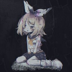 1girl :p abstract_background black_background black_sailor_collar black_shorts black_sleeves blonde_hair bow check_commentary commentary_request dark detached_sleeves eyes_visible_through_hair grey_eyes hair_bow hair_ornament hairclip halka hatching_(texture) highres kagamine_rin kneeling medium_hair midriff navel neckerchief necktie parted_bangs sailor_collar shirt shorts shoulder_tattoo socks solo tattoo tongue tongue_out torn_clothes vocaloid white_bow white_shirt white_socks yellow_neckerchief yellow_necktie