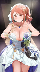 1girl :t angry blurry blurry_background blush breast_lift breasts brown_eyes brown_hair cleavage commentary_request dress flower gloves highres hojo_karen idolmaster idolmaster_cinderella_girls jewelry large_breasts layered_dress looking_at_viewer medium_hair meme mk_(mod0) necklace next_time_you&#039;re_getting_this_(meme) pout sidelocks solo standing strapless strapless_dress v-shaped_eyebrows white_dress white_gloves