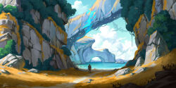 1boy blue_sky bush chinnkun cliff cloud dirt_road dragon facing_away fantasy from_behind landscape ocean original painterly plant road rock shore sky vines water