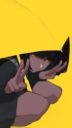 Rule 34 | 1girl, absurdres, black sailor collar, black serafuku, black shirt, black skirt, closed mouth, commentary, double v, expressionless, highres, looking at viewer, nikujyaaaaaaaga, original, sailor collar, school uniform, serafuku, shirt, skirt, solo, squatting, symbol-only commentary, umbrella, v, yellow background, yellow eyes, yellow theme
