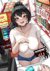 1girl 1other aoi_sakura_(seak5545) banknote black_hair blue_eyes blush bodypaint bottle brand_name_imitation breasts cameltoe cash_register collarbone convenience_store counter cup_ramen denim denim_shorts doritos exhibitionism false_clothes hand_up highres indoors large_breasts lay&#039;s_(potato_chips) long_hair looking_at_viewer money naked_paint navel nipples nude open_mouth original painted_clothes ponytail pov public_indecency shop short_shorts shorts smile solo_focus stomach sweat thigh_gap thighs upper_body wallet wavy_mouth